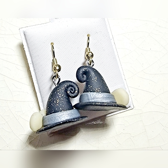 Whimsical sparkly black blue white bow witch dangle earrings - Picture 2 of 6